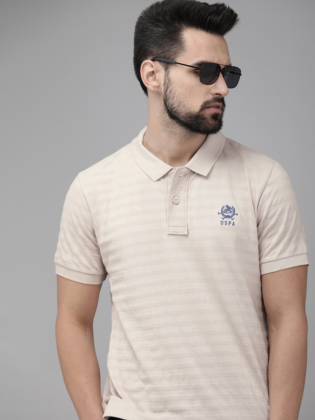 

U S Polo Assn Men Beige Self Striped Polo Collar Pure Cotton T-shirt