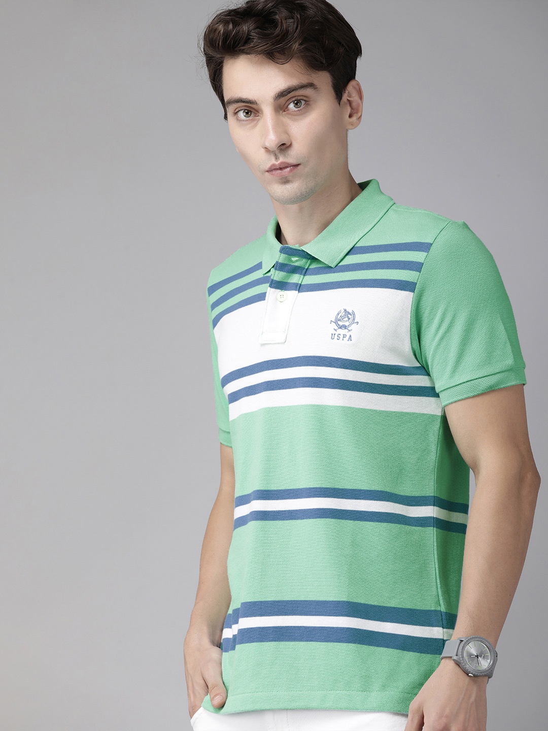 

U S Polo Assn Men Mint Green & Blue Striped Polo Collar Pure Cotton T-shirt