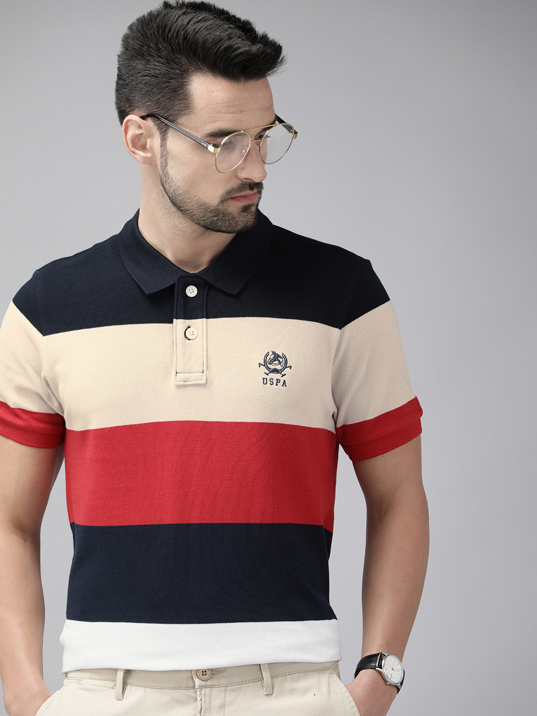 

U S Polo Assn Men Navy Blue & Red Colourblocked Polo Collar T-shirt