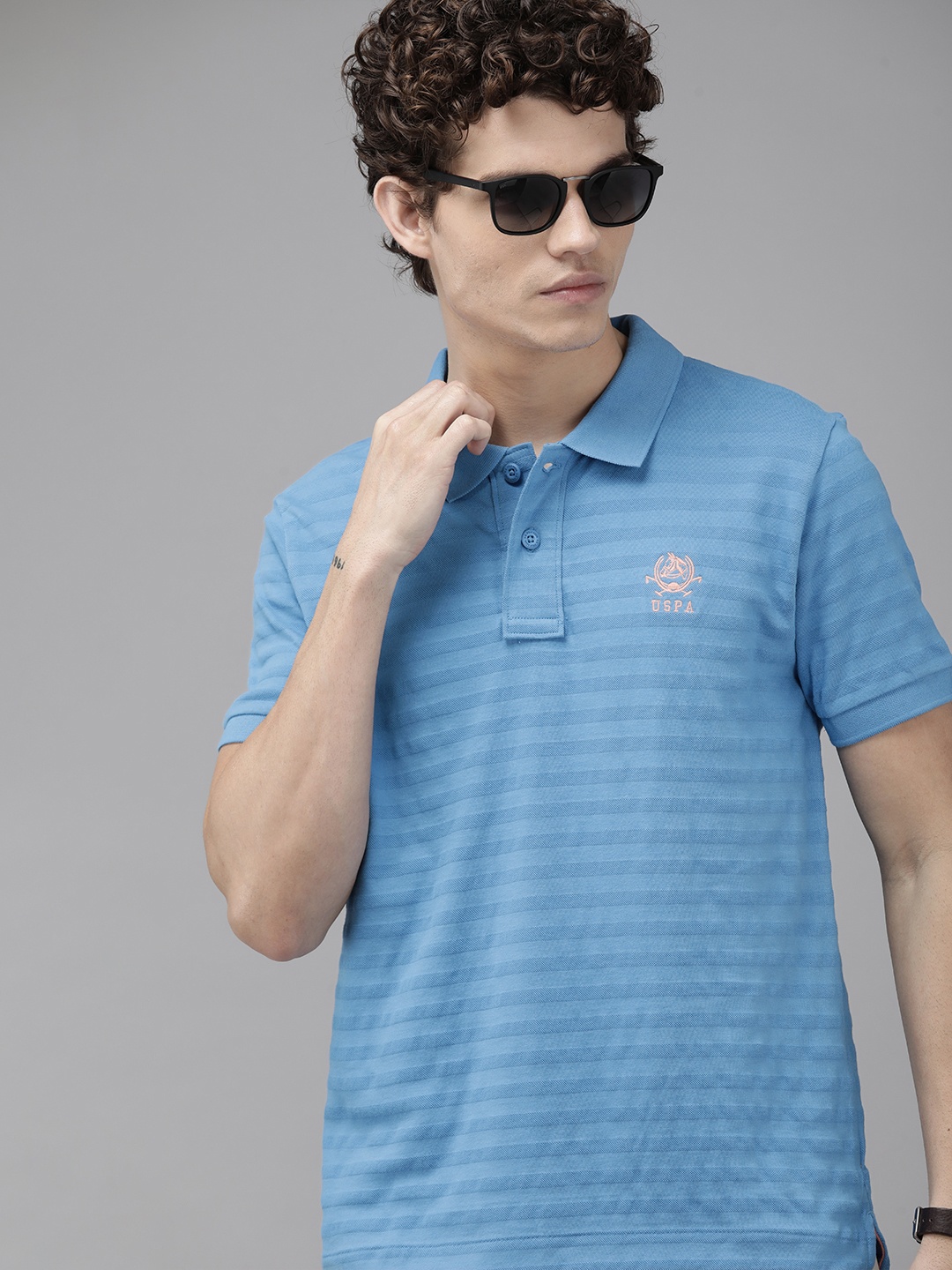 

U S Polo Assn Men Blue Self Striped Polo Collar Pure Cotton T-shirt