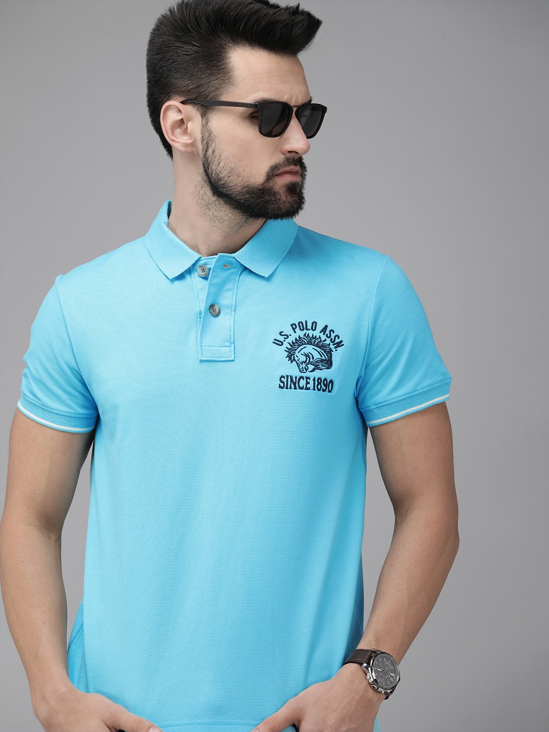

U S Polo Assn Denim Co Men Blue Brand Logo Embroidered Polo Collar T-shirt
