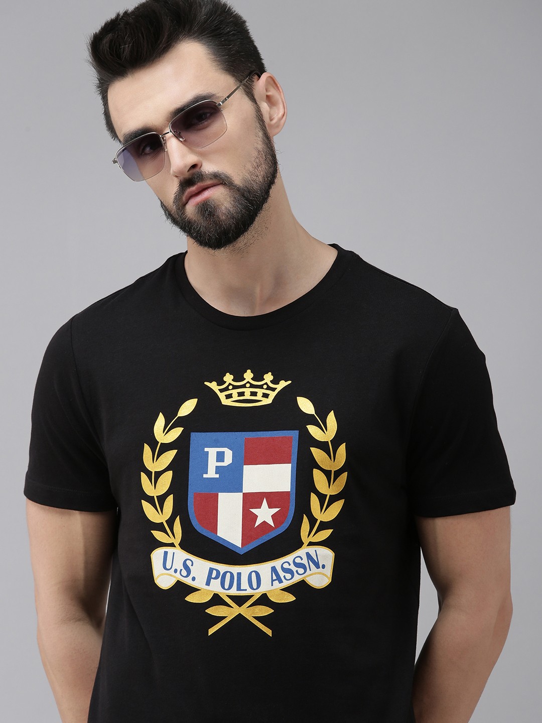 

U.S. Polo Assn. Denim Co. Men Black & Yellow Brand Logo Printed Pure Cotton T-shirt