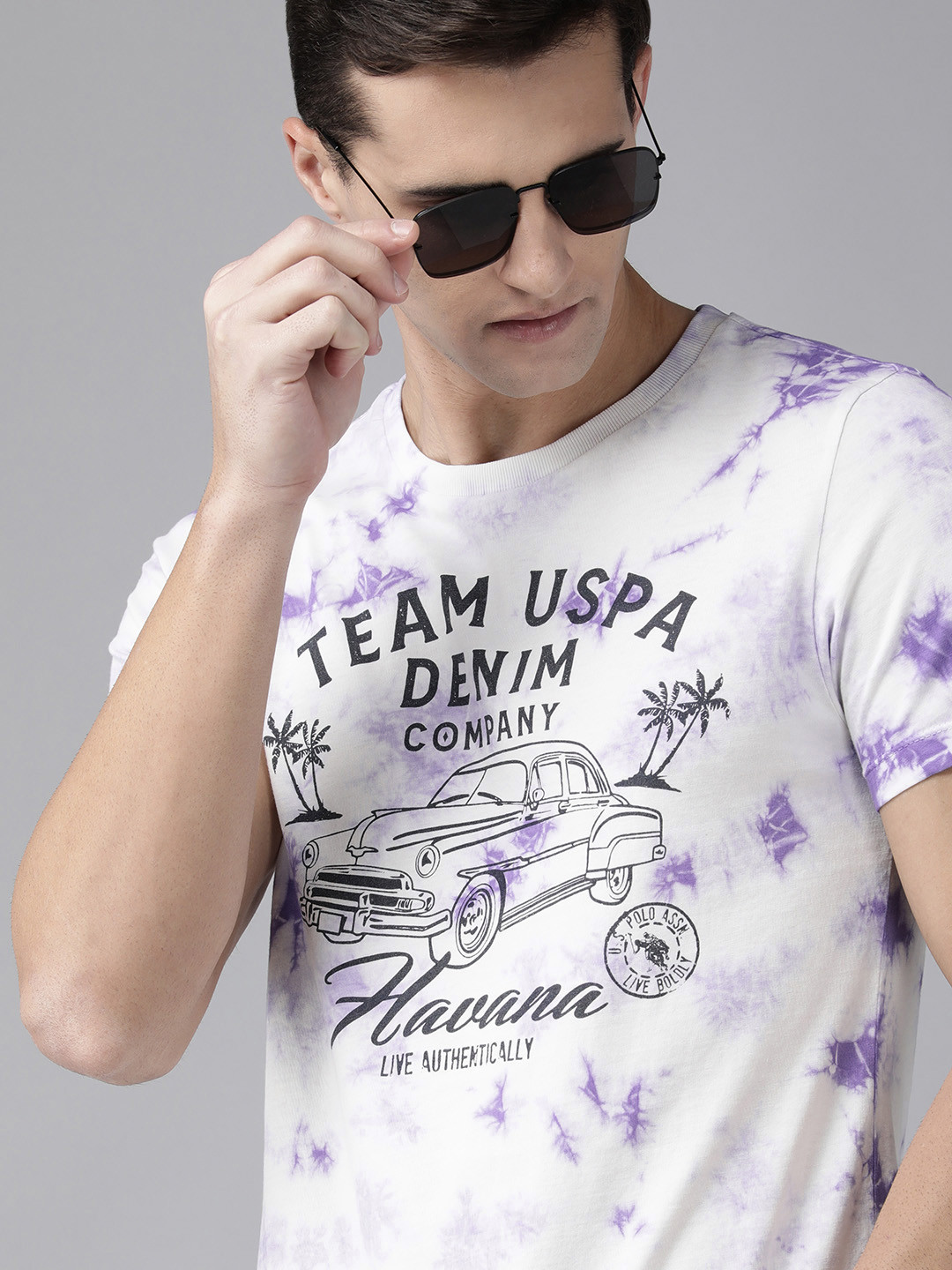 

U.S. Polo Assn. Denim Co. Men White & Purple Brand Logo Printed Pure Cotton T-shirt