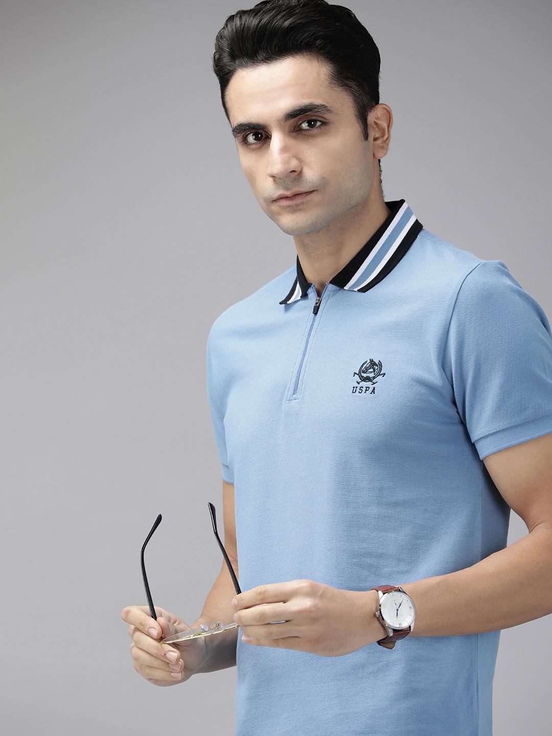 

U S Polo Assn Men Blue Polo Collar Pure Cotton T-shirt with Contrast Tipping