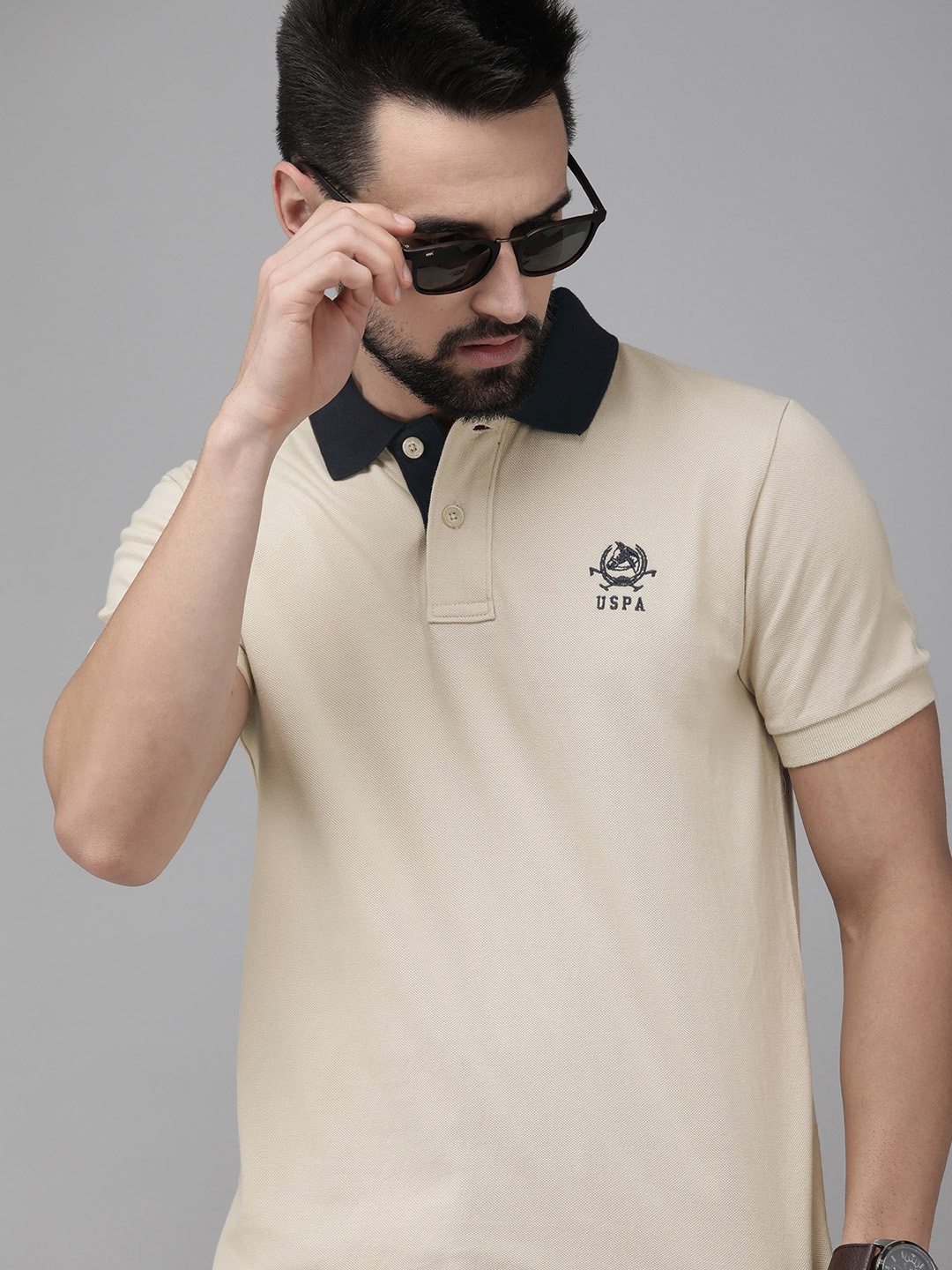 

U S Polo Assn Men Beige Self Design Polo Collar Pure Cotton T-shirt