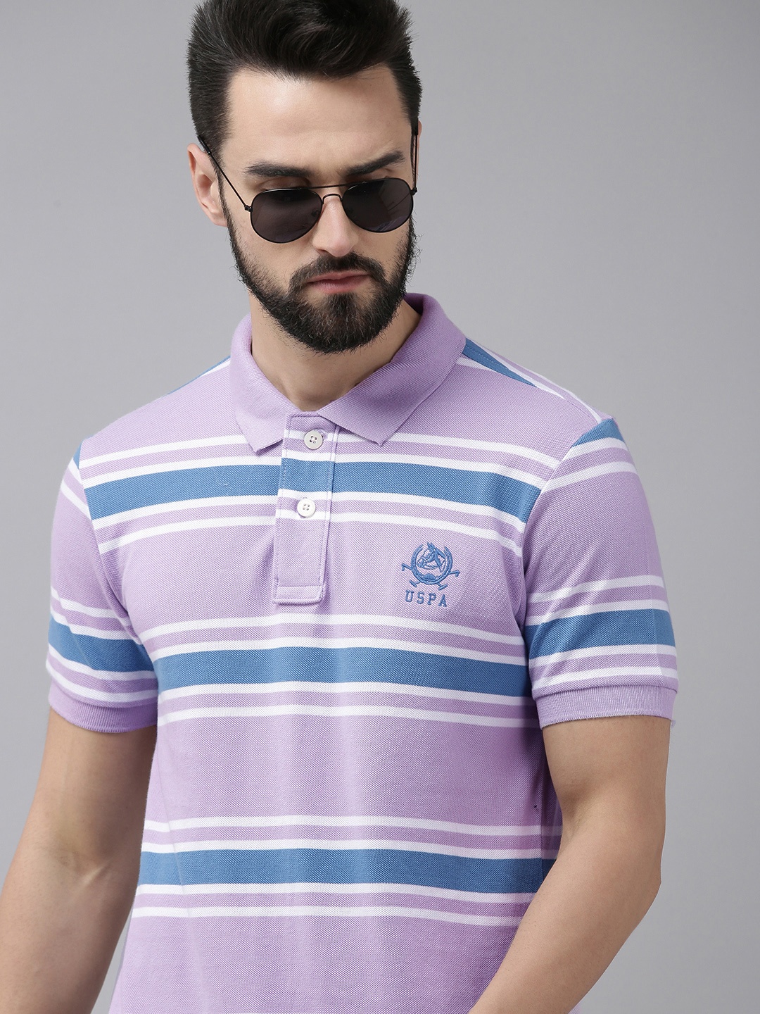 

U S Polo Assn Men Purple & Blue Striped Polo Collar T-shirt