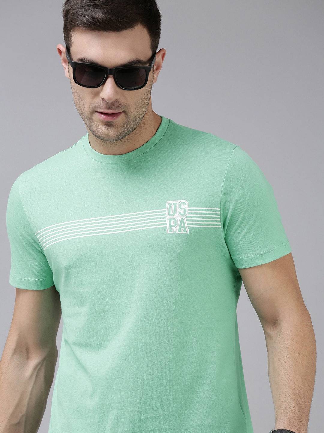

U S Polo Assn Men Sea Green Striped Pure Cotton T-shirt