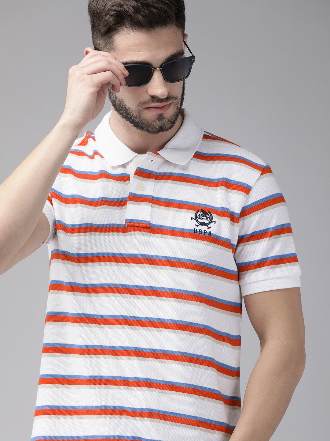 

U S Polo Assn Men White & Red Striped Polo Collar Pure Cotton T-shirt