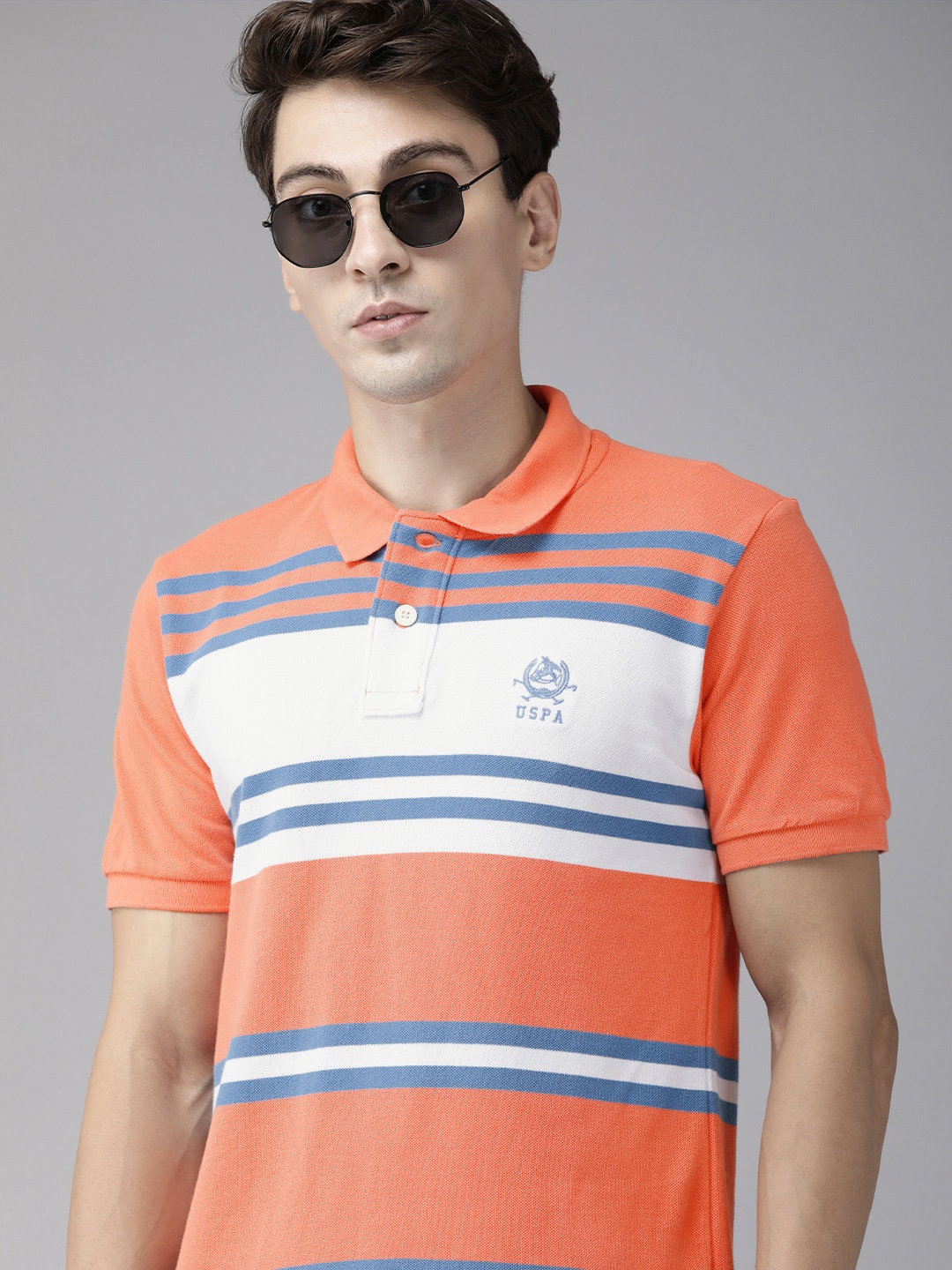 

U S Polo Assn Men Coral & White Striped Polo Collar Pure Cotton Casual T-shirt