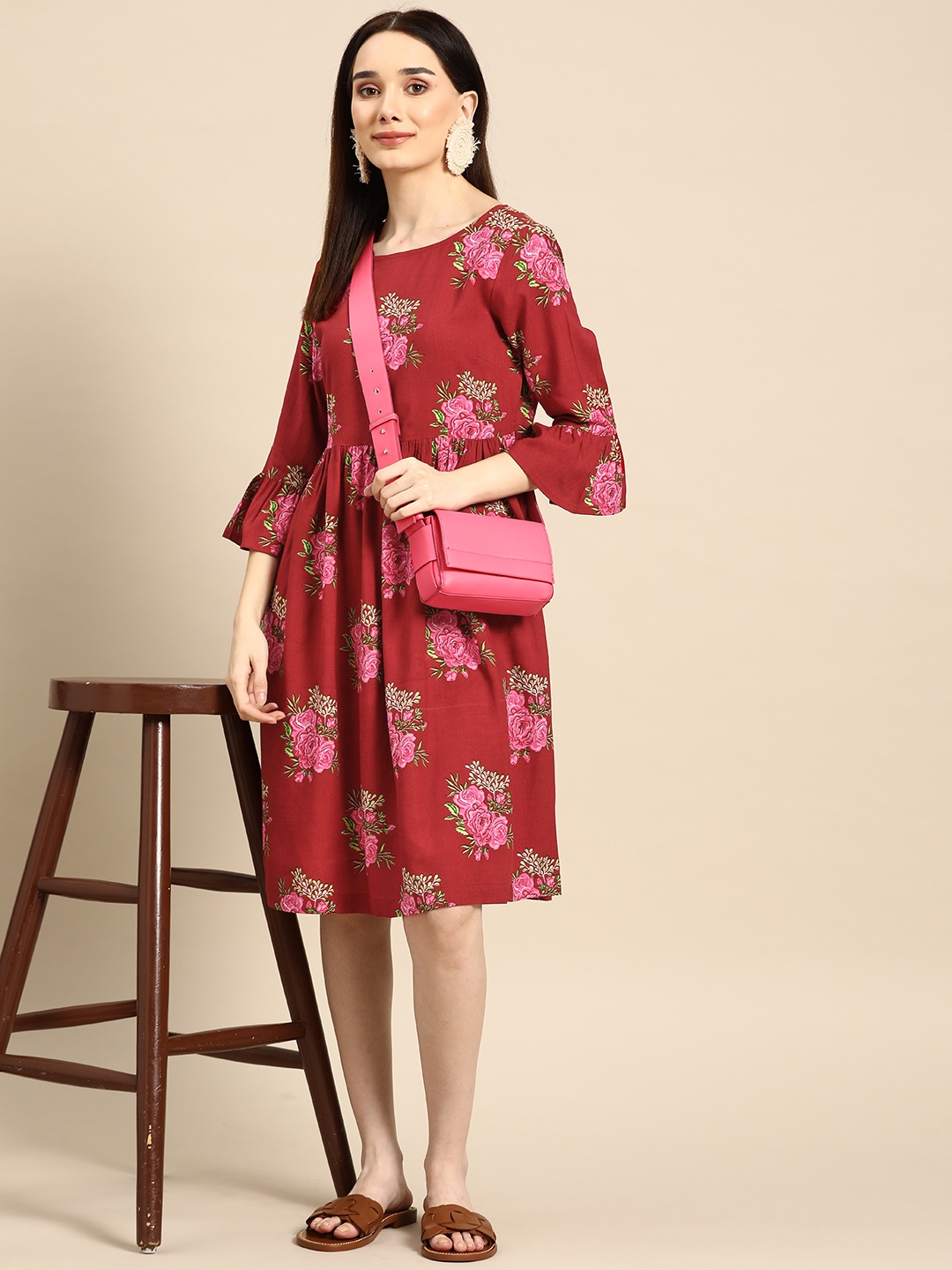 

Sangria Maroon & Pink Floral A-Line Dress