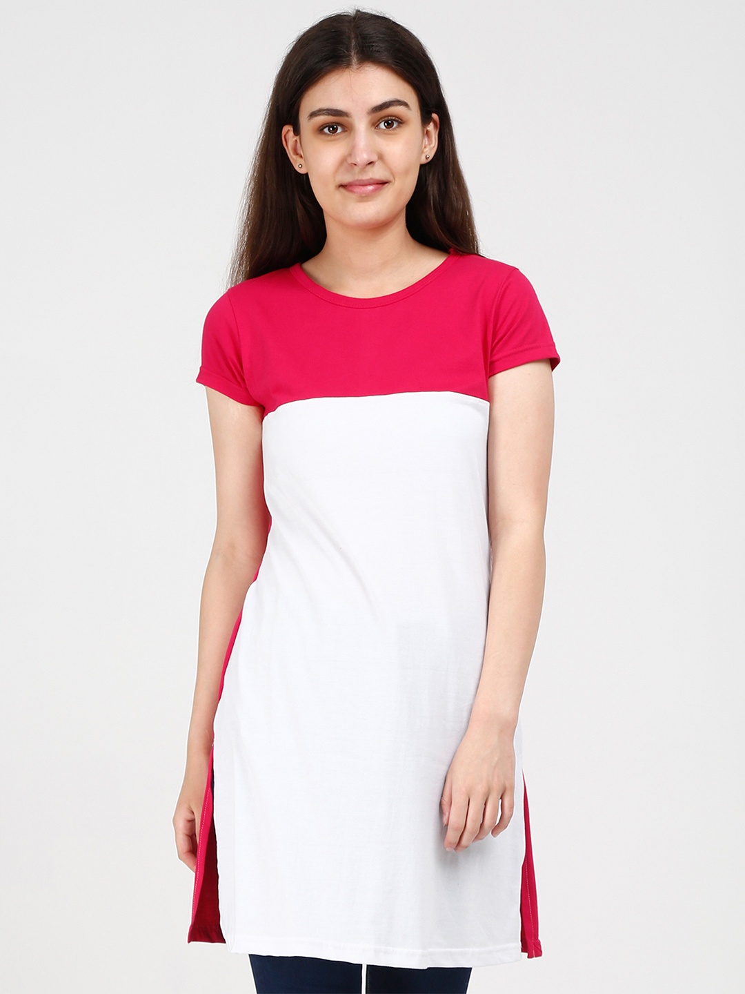 

Fleximaa Women Pink & White Colourblocked Pure Cotton Longline Top