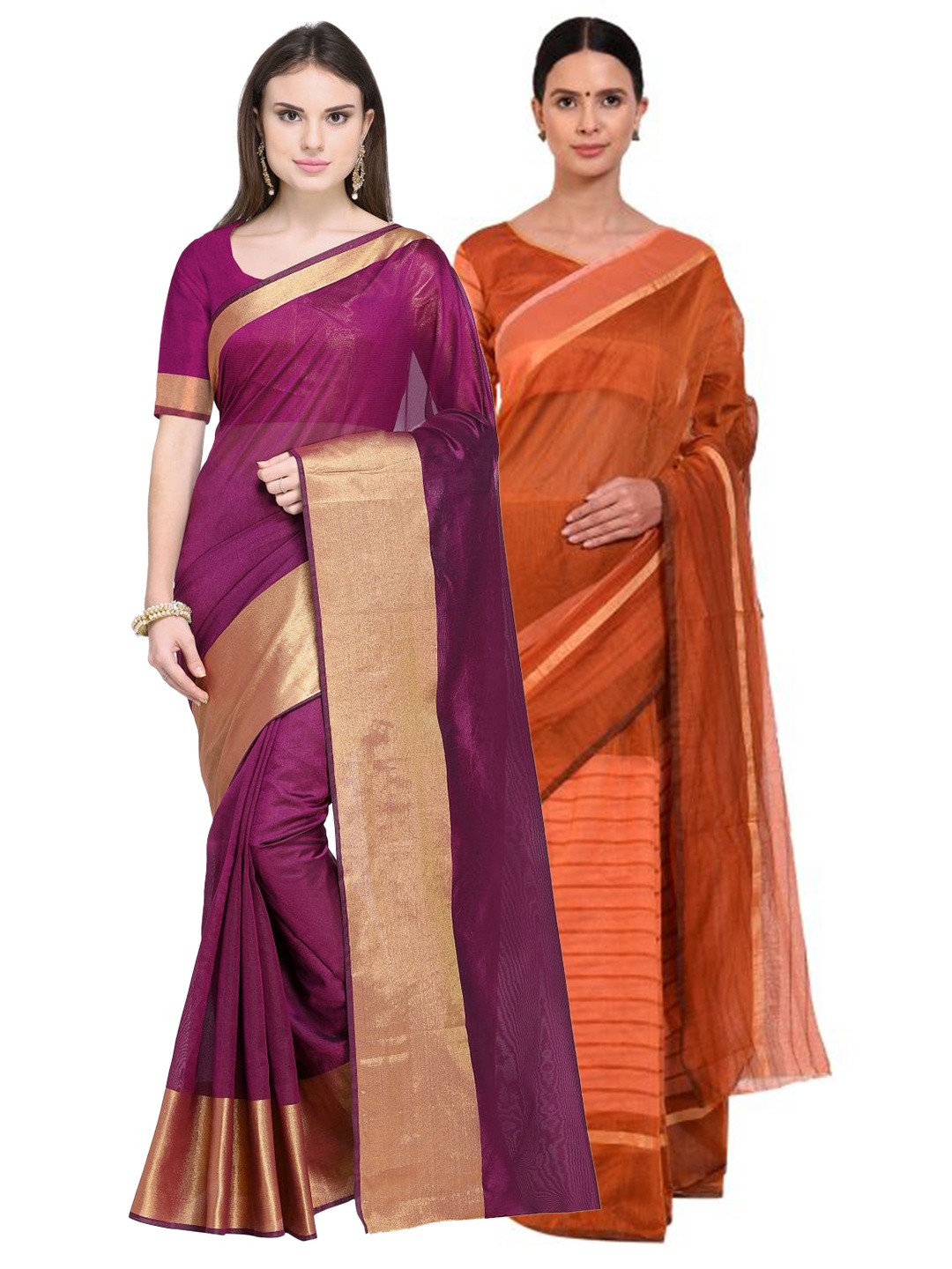 

SAADHVI Maroon & Orange Set of 2 Striped Silk Cotton Saree