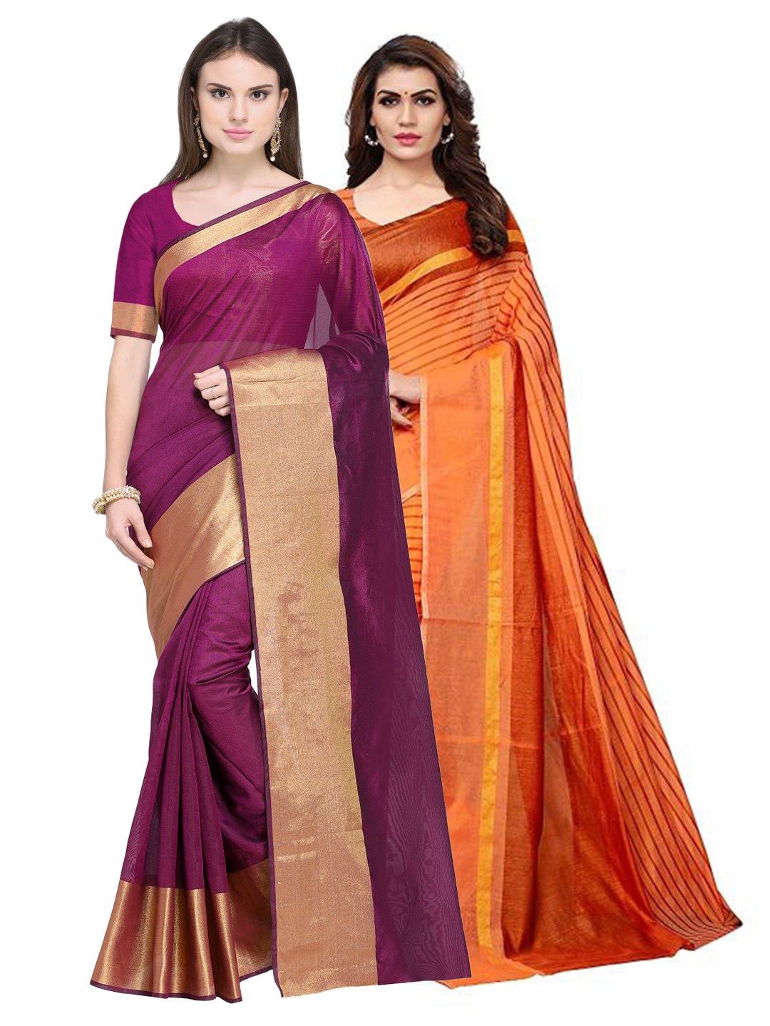 

SAADHVI Pack of 2 Maroon & Orange Striped Silk Cotton Saree