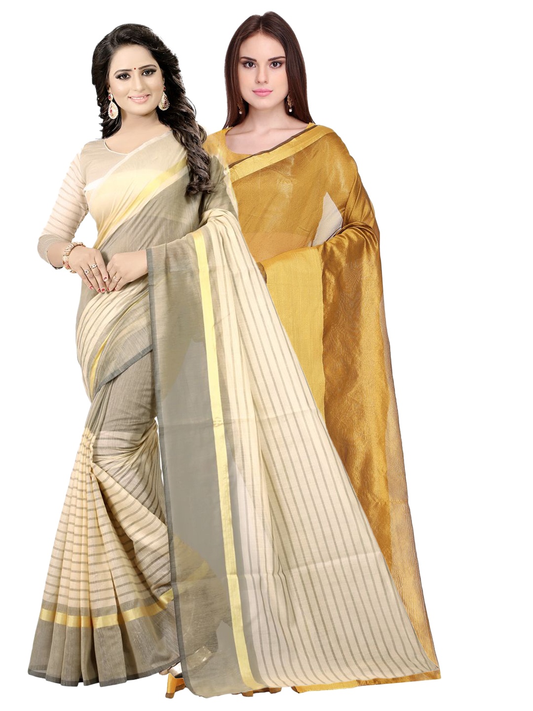 

SAADHVI Pack of 2 Gold-Toned & Cream-Coloured Striped Zari Silk Cotton Sarees