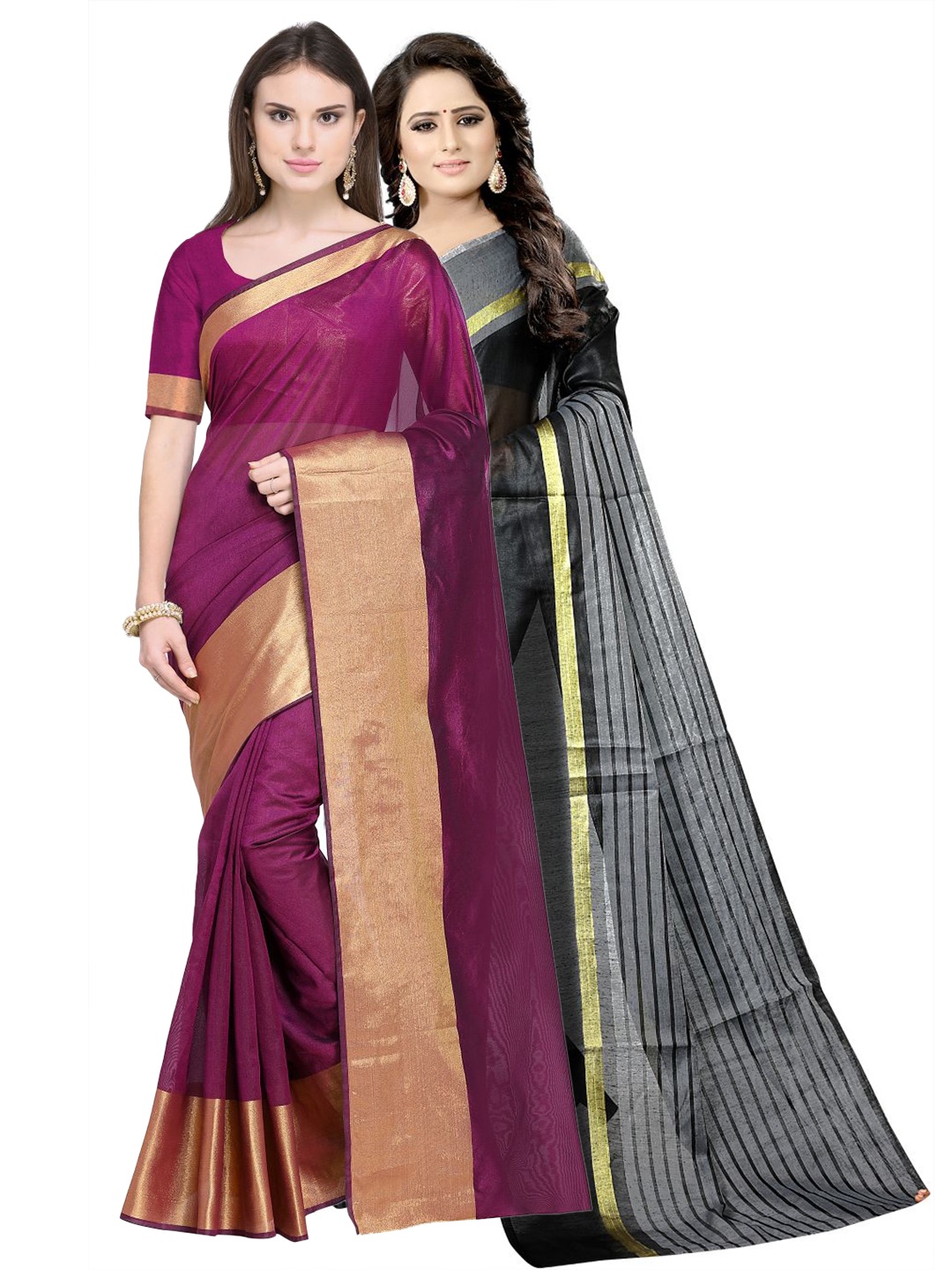 

SAADHVI Pack Of 2 Maroon & Black Striped Zari Silk Cotton Saree