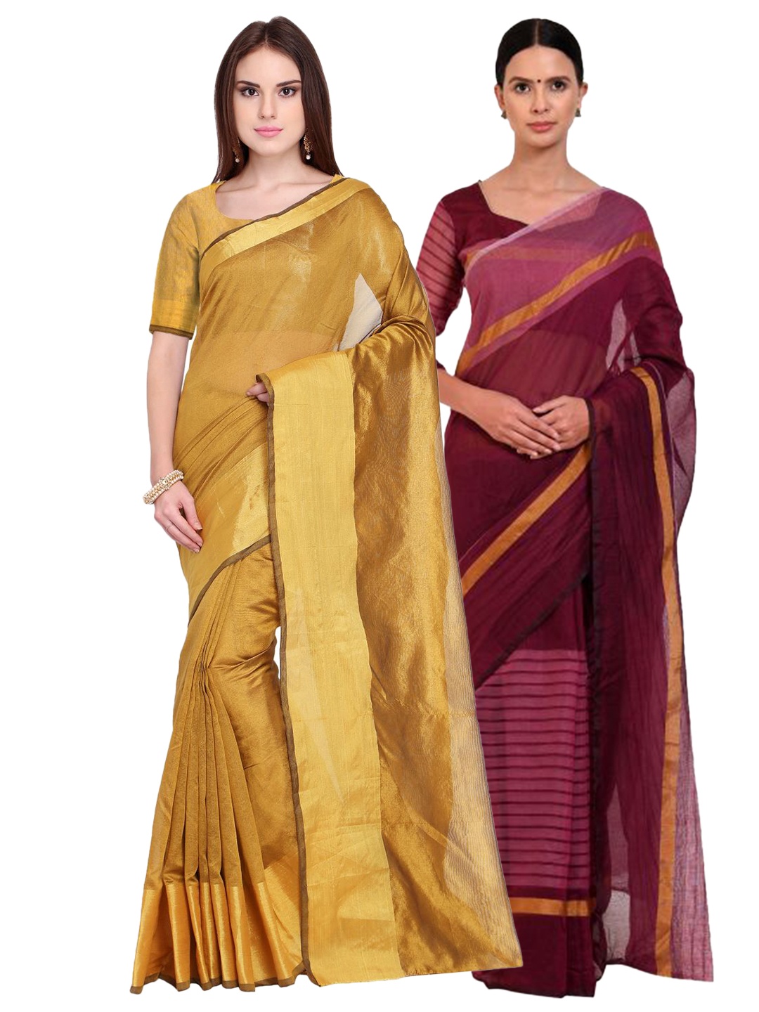 

SAADHVI Pack Of 2 Gold-Toned & Maroon Striped Silk Cotton Saree