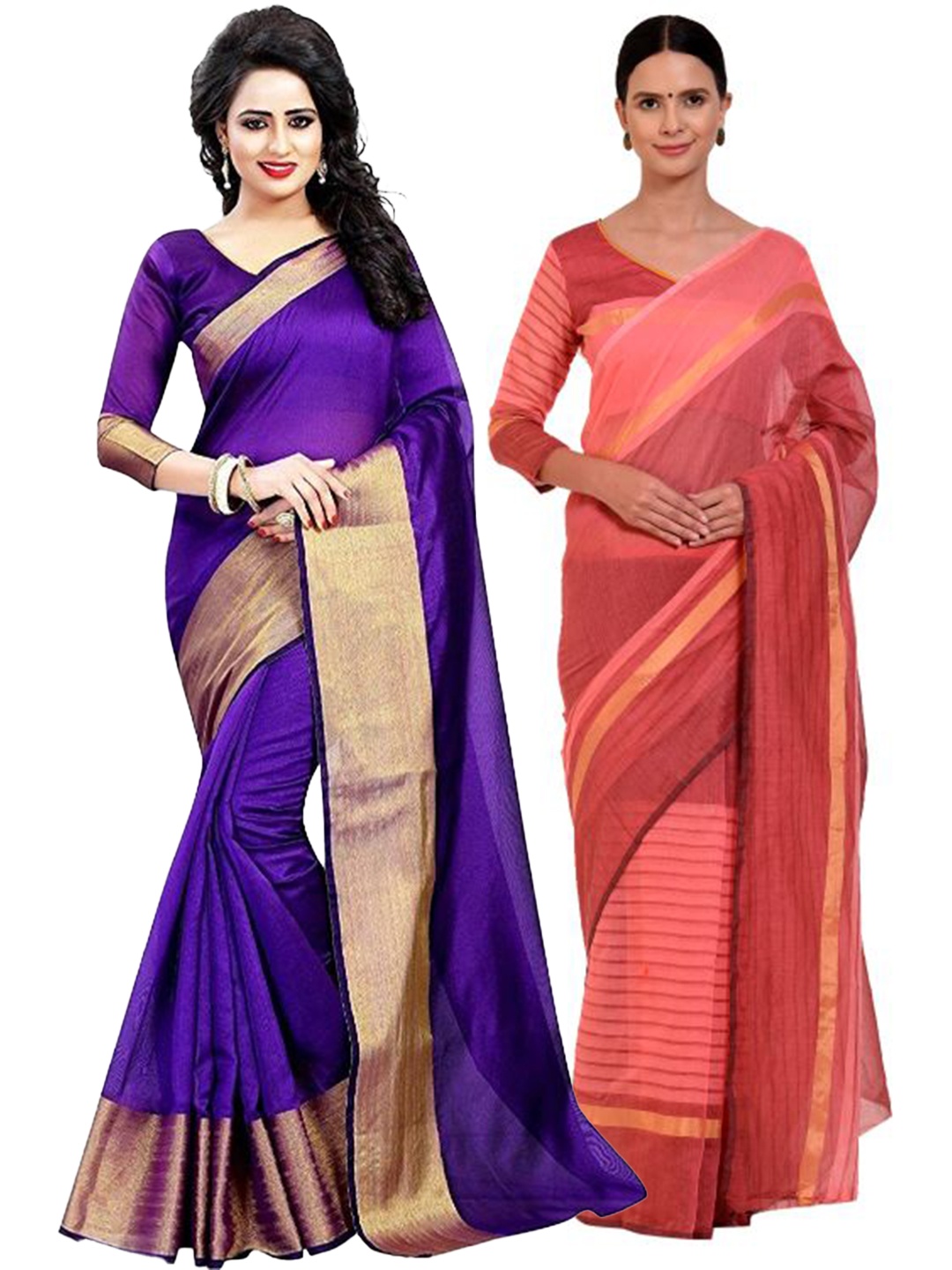 

SAADHVI Pack of 2 Purple & Magenta Striped Silk Cotton Saree