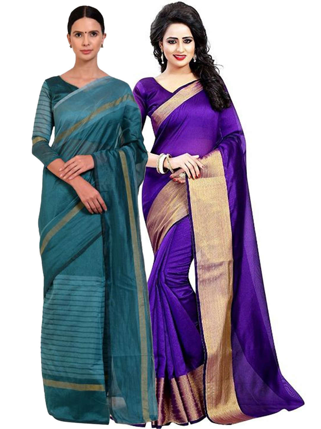 

SAADHVI Pack Of 2 Purple & Teal Green Striped Zari Silk Cotton Saree