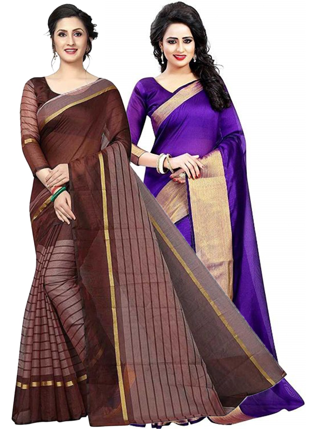

SAADHVI Purple & Brown Set of 2 Striped Silk Cotton Saree