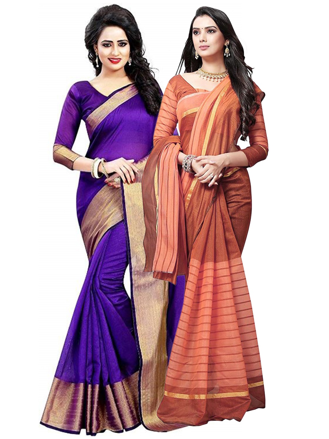 

SAADHVI Pack of 2 Purple & Peach-Coloured Striped Zari Silk Cotton Sarees