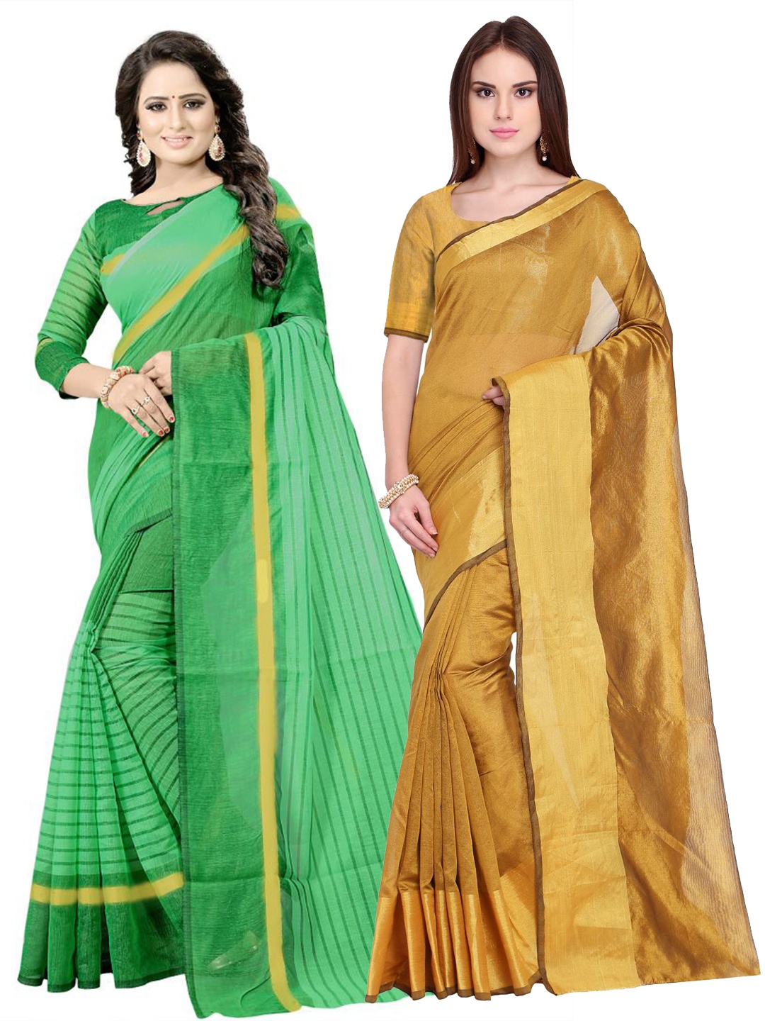 

SAADHVI Pack of 2 Gold-Toned & Green Striped Zari Silk Cotton Saree