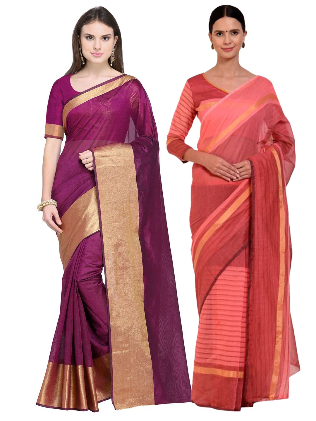 

SAADHVI Pack Of 2 Magenta & Rust Striped Silk Cotton Saree