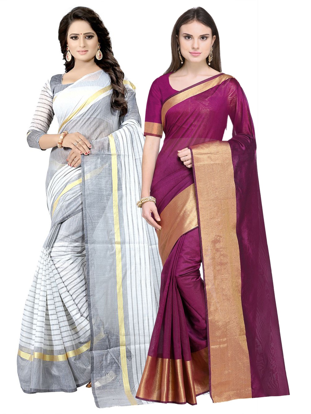 

SAADHVI Pack of 2 Maroon & White Striped Silk Cotton Saree