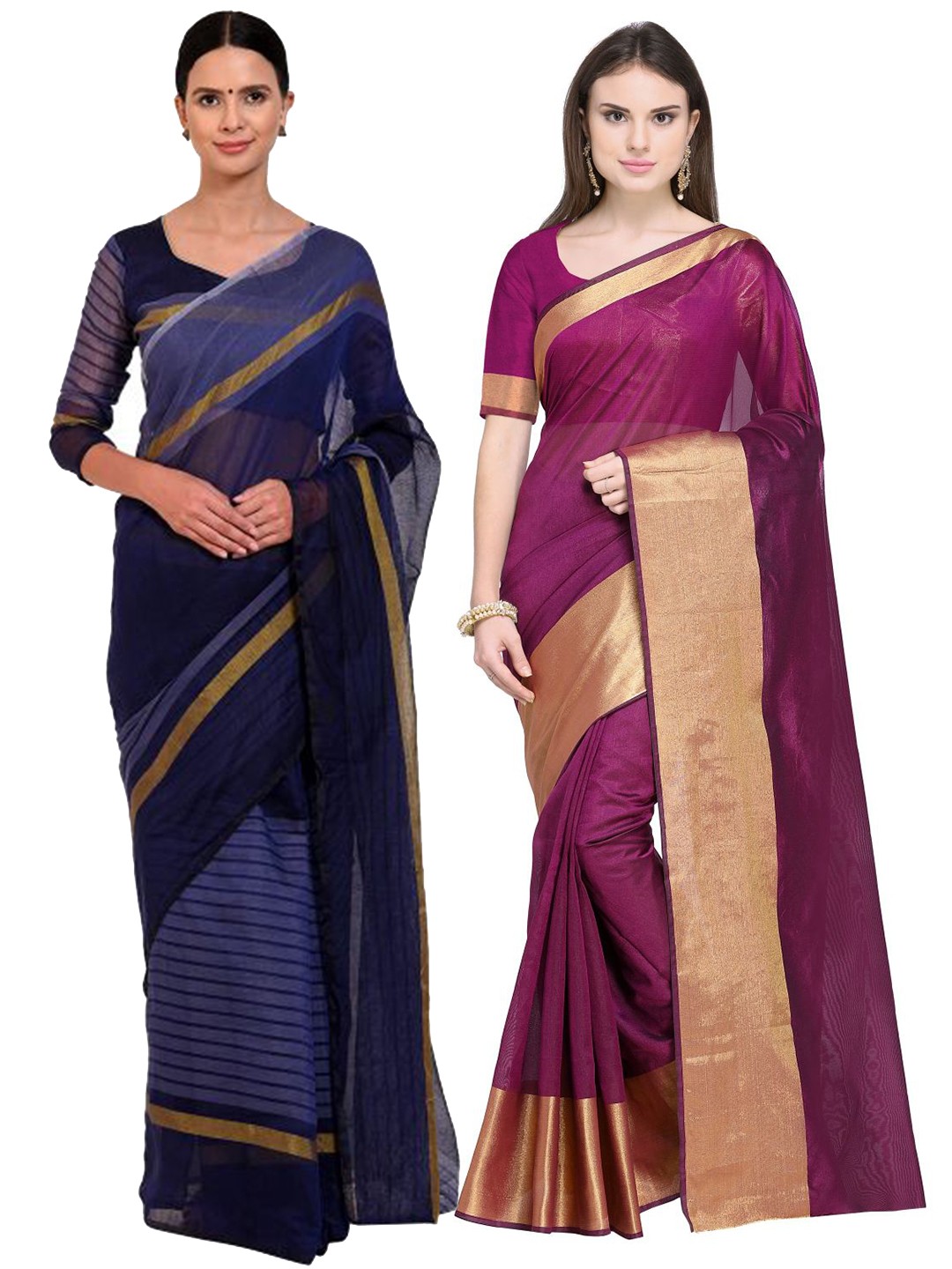 

SAADHVI Maroon & Navy Blue Set of 2 Striped Silk Cotton Saree