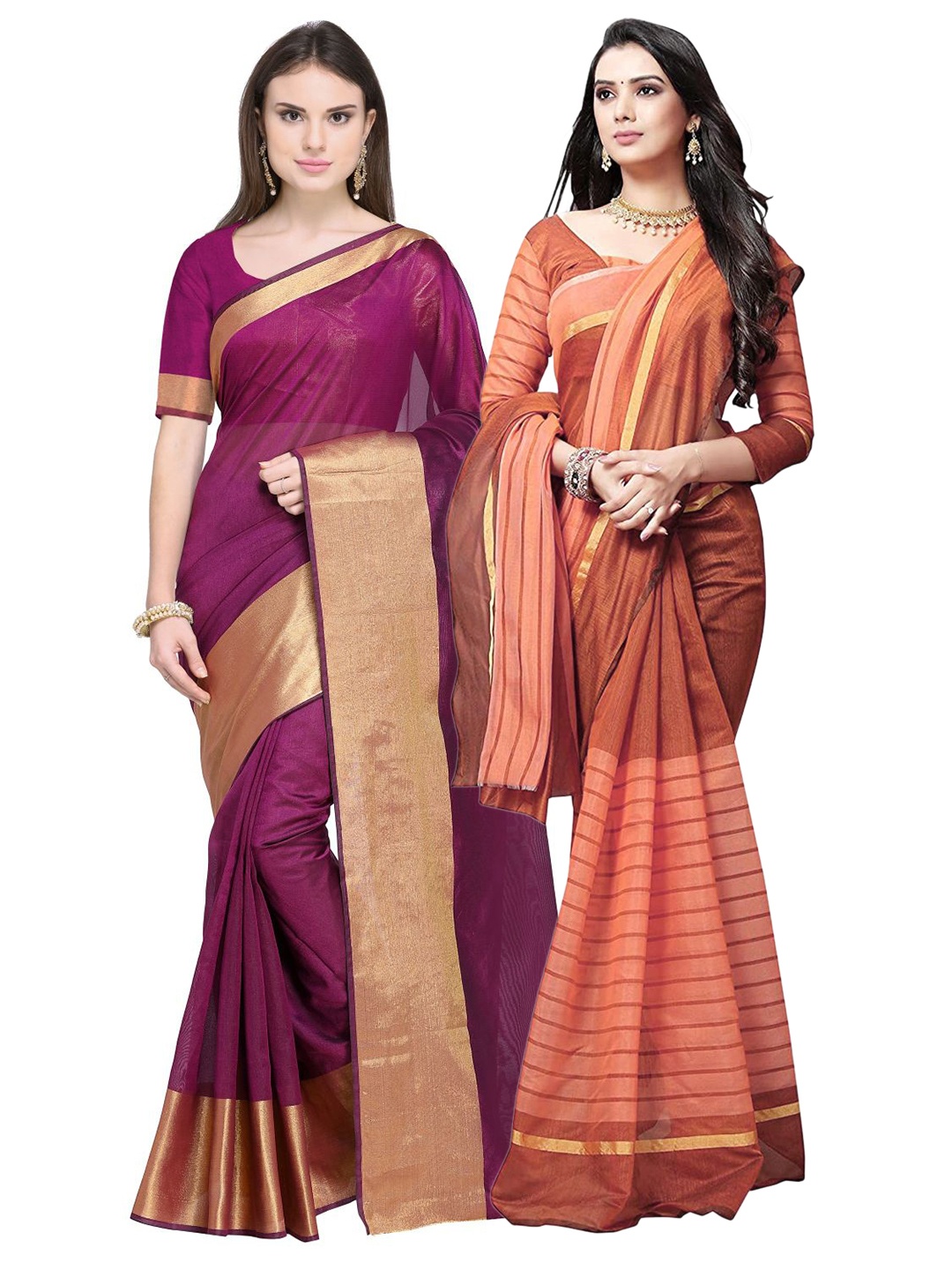 

SAADHVI Maroon & Peach-Coloured Striped Zari Silk Cotton Saree