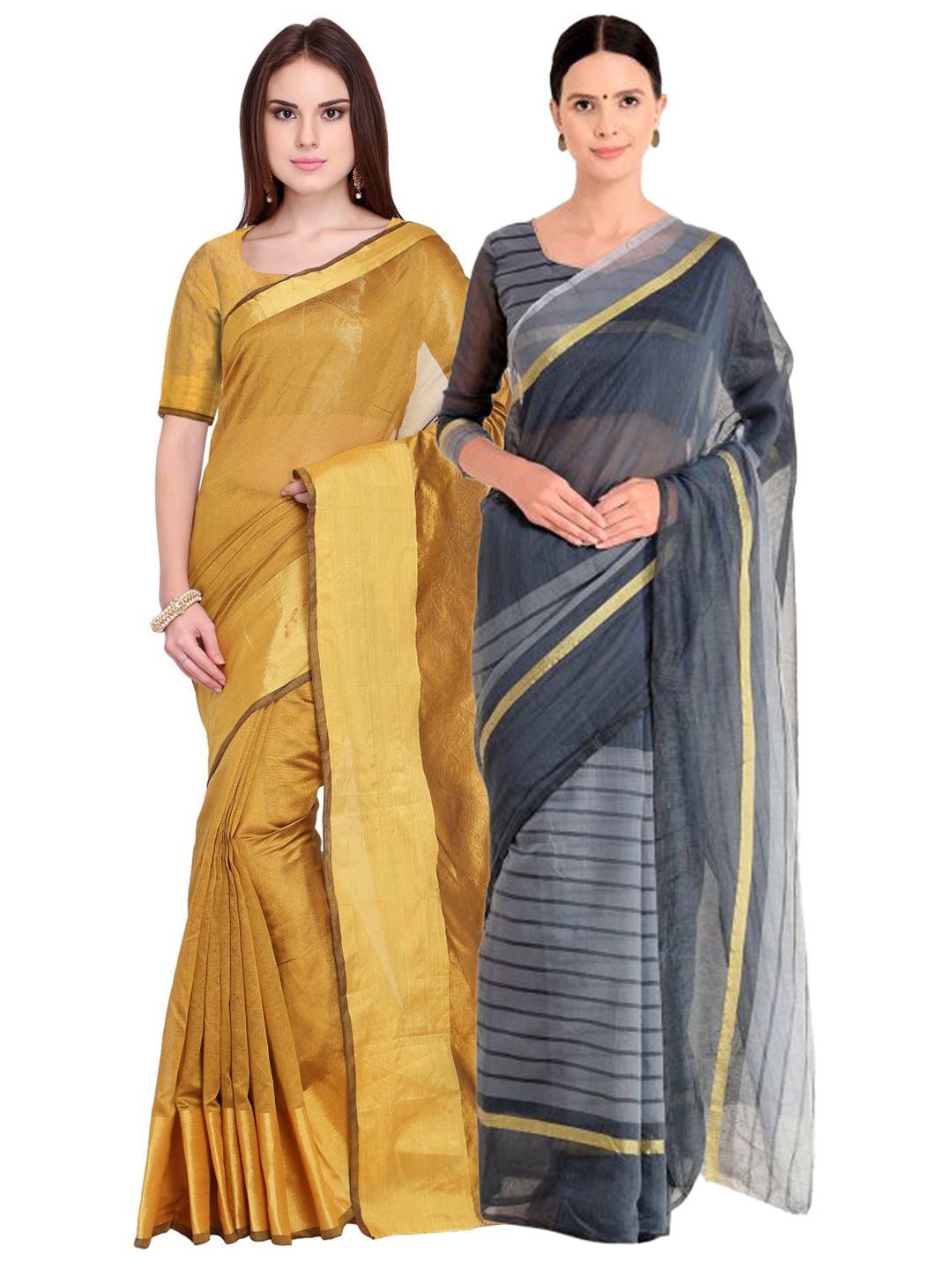 

SAADHVI Set Of 2 Golden & Grey Zari Silk Cotton Saree, Gold
