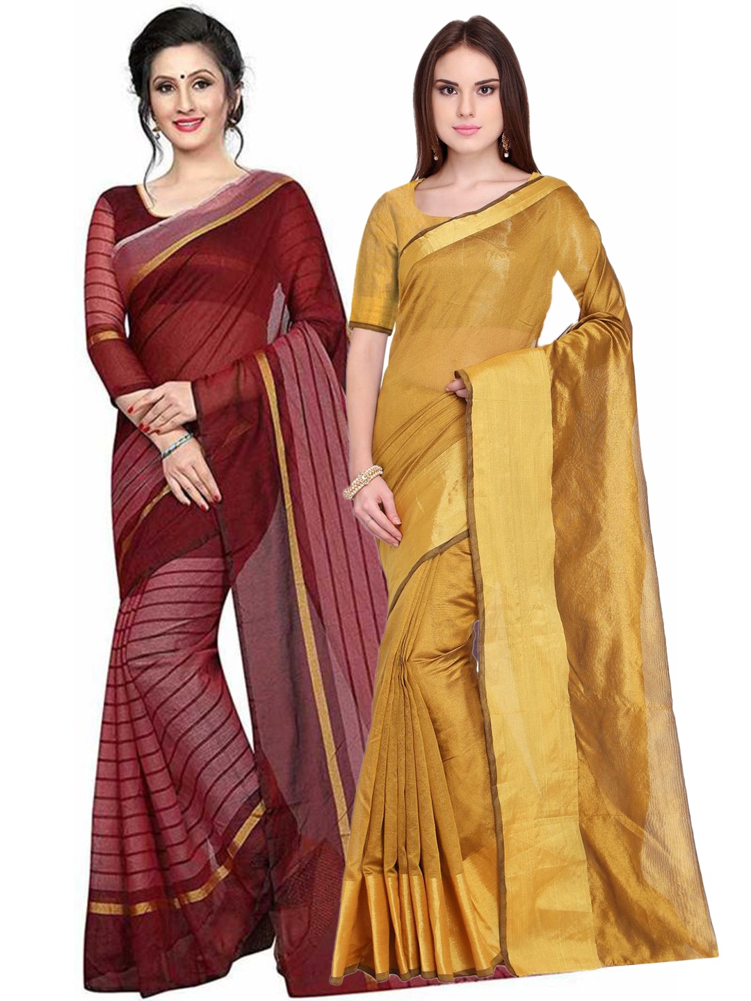 

SAADHVI Gold-Toned & Maroon Striped Silk Cotton Saree