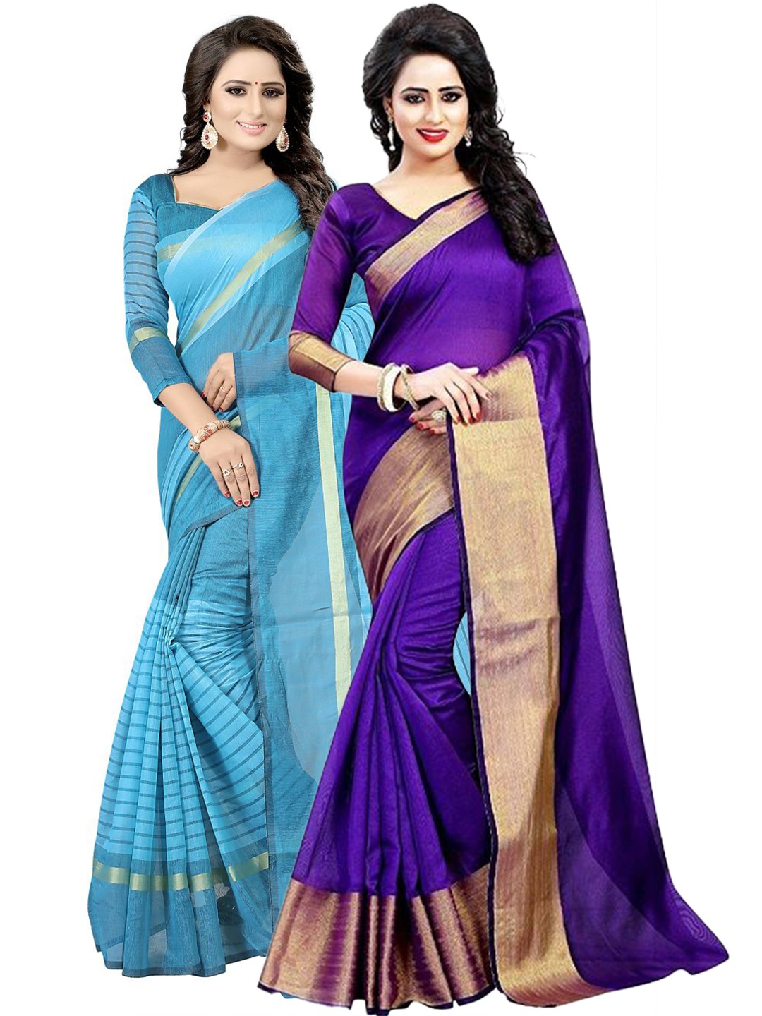 

SAADHVI Pack of 2 Purple & Blue Striped Zari Silk Cotton Sarees