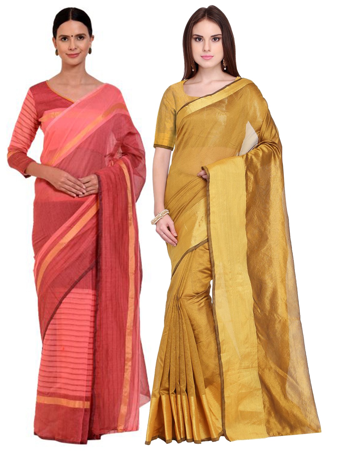 

SAADHVI Set Of 2 Golden & Pink Zari Silk Cotton Saree, Gold
