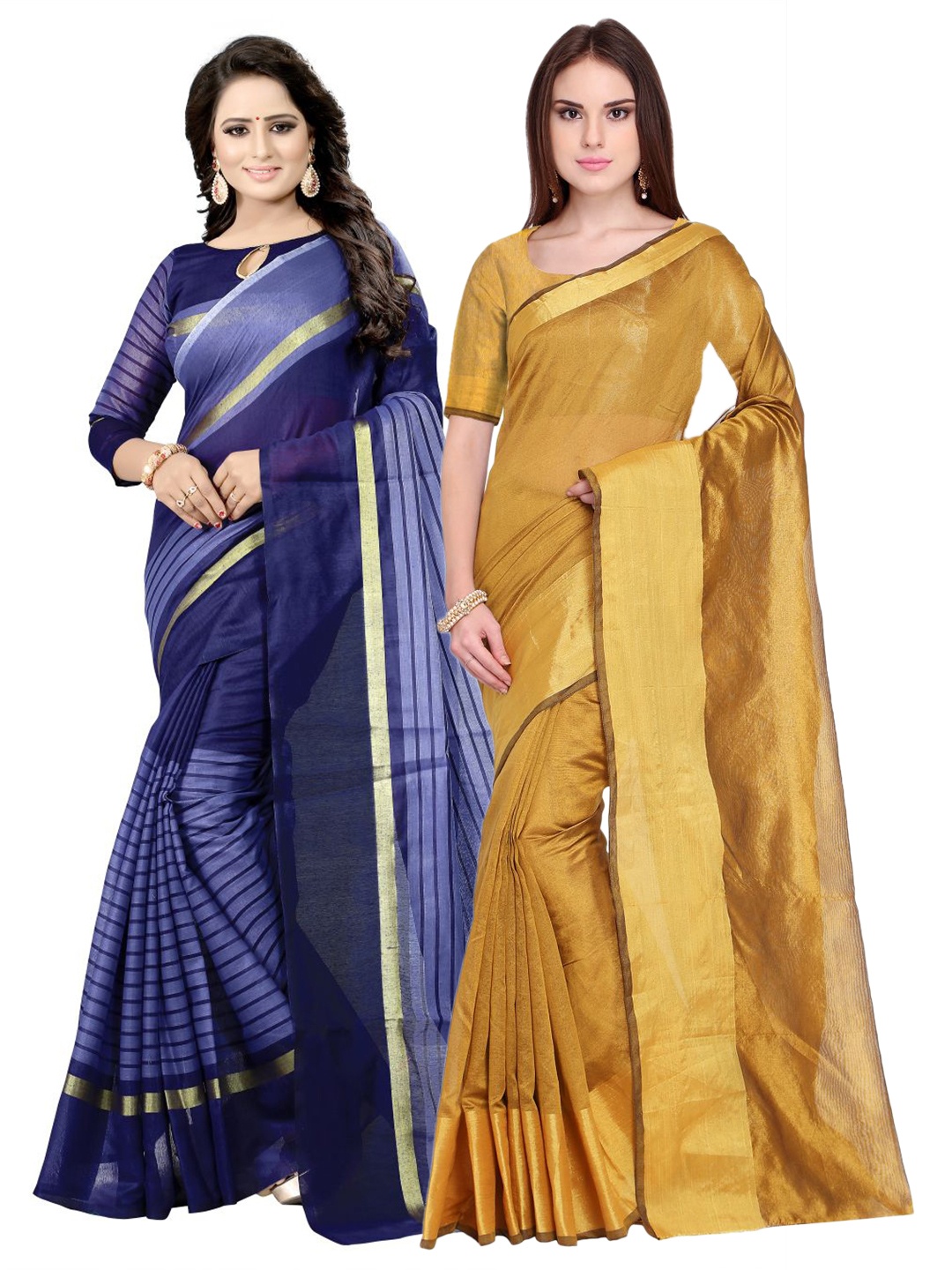 

SAADHVI Set Of 2 Golden & Navy Blue Zari Silk Cotton Saree, Gold
