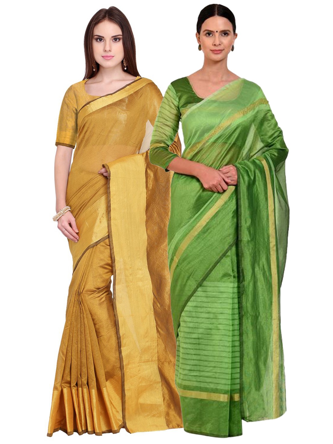 

SAADHVI Pack of 2 Gold-Toned & Green Silk Cotton Sarees