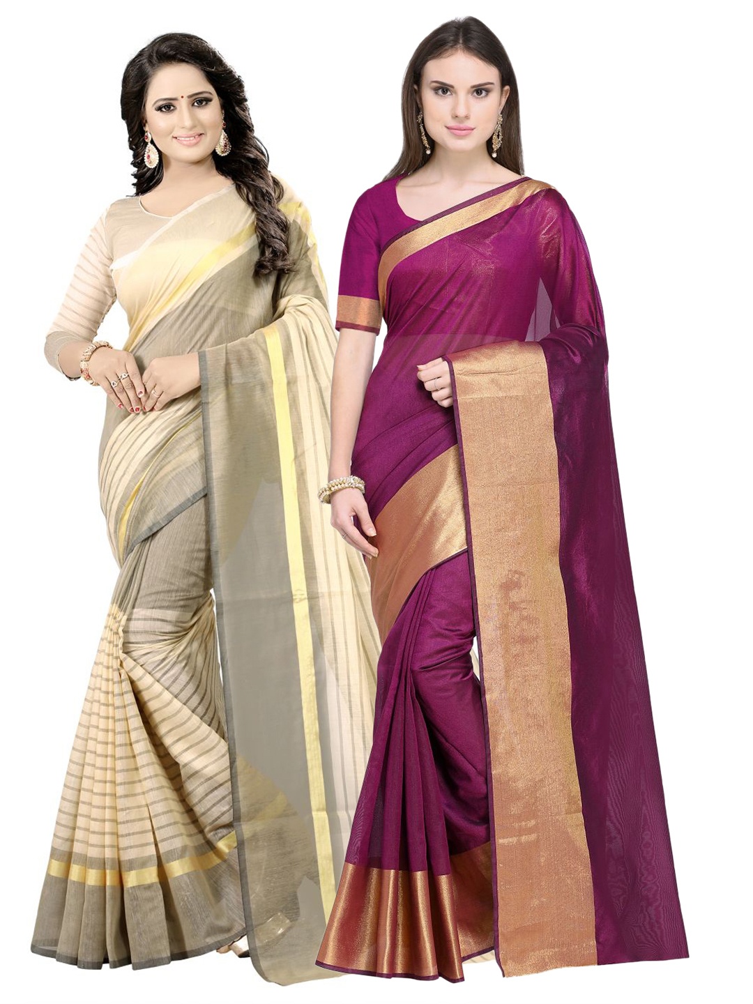 

SAADHVI Pack of 2 Maroon & Cream-Coloured Striped Zari Silk Cotton Saree