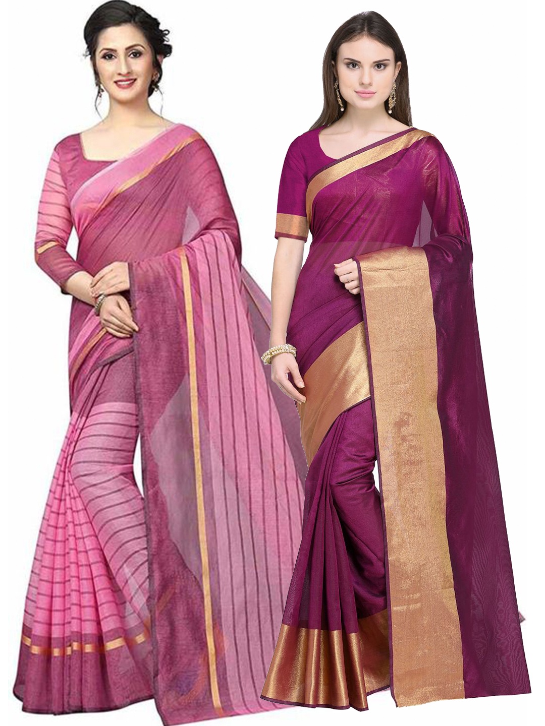 

SAADHVI Maroon & Pink Striped Zari Silk Cotton Saree