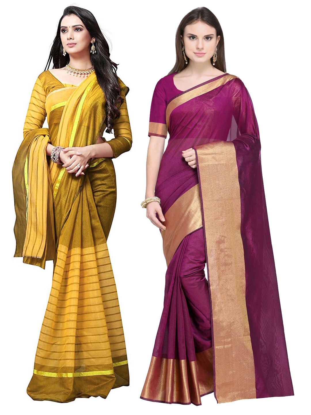 

SAADHVI Pack Of 2 Magenta & Mustard Striped Zari Silk Cotton Saree