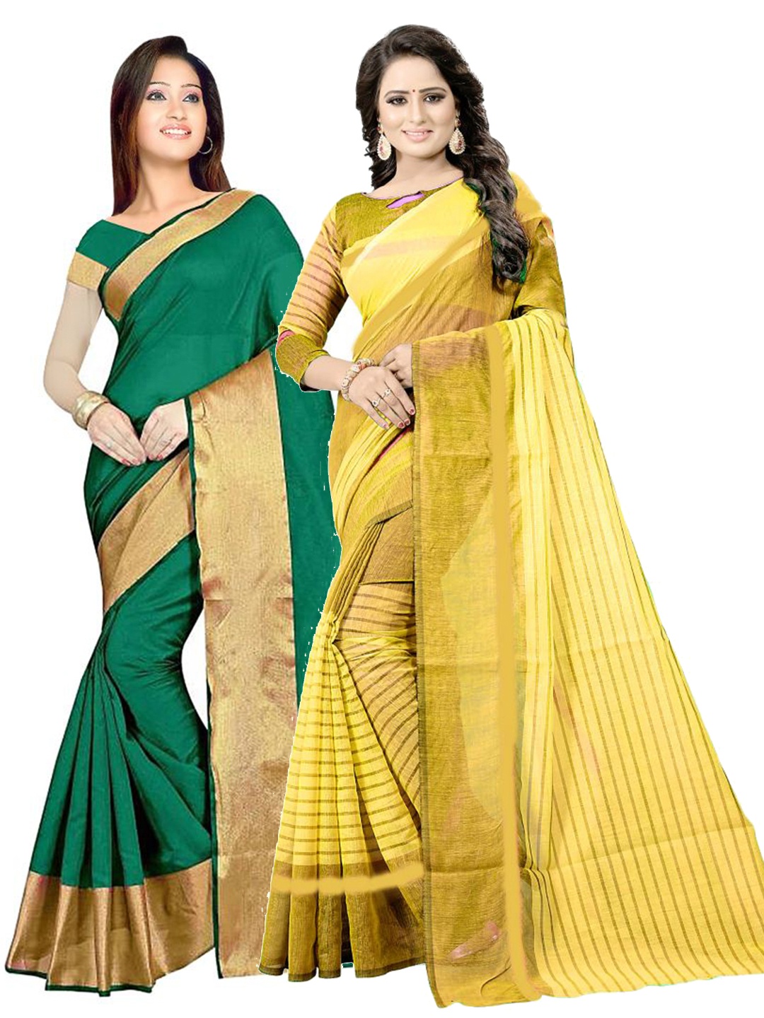 

SAADHVI Green & Gold-Toned Striped Silk Cotton Saree