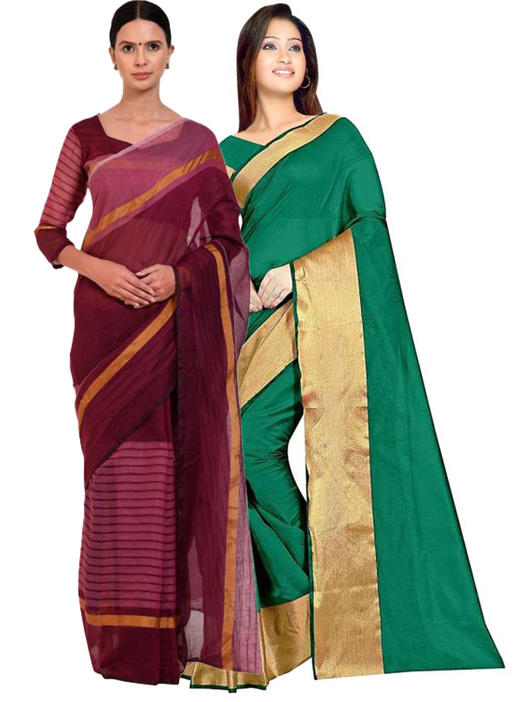 

SAADHVI Pack of 2 Green & Purple Striped Silk Cotton Saree