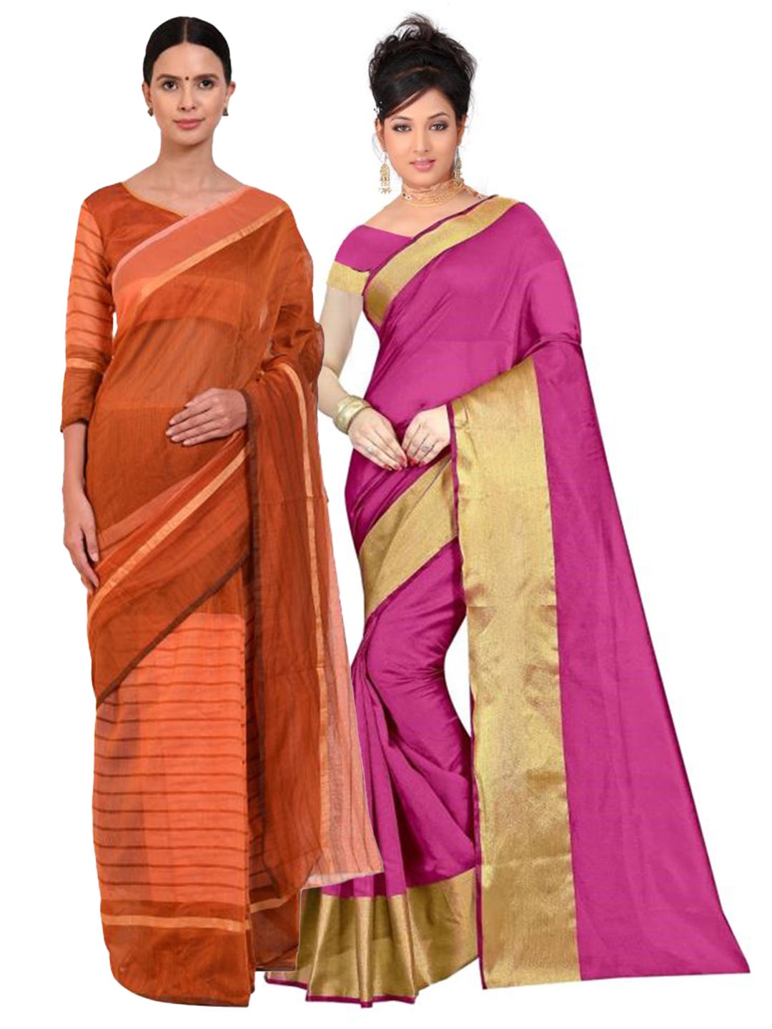 

SAADHVI Pink & Orange Striped Silk Cotton Saree