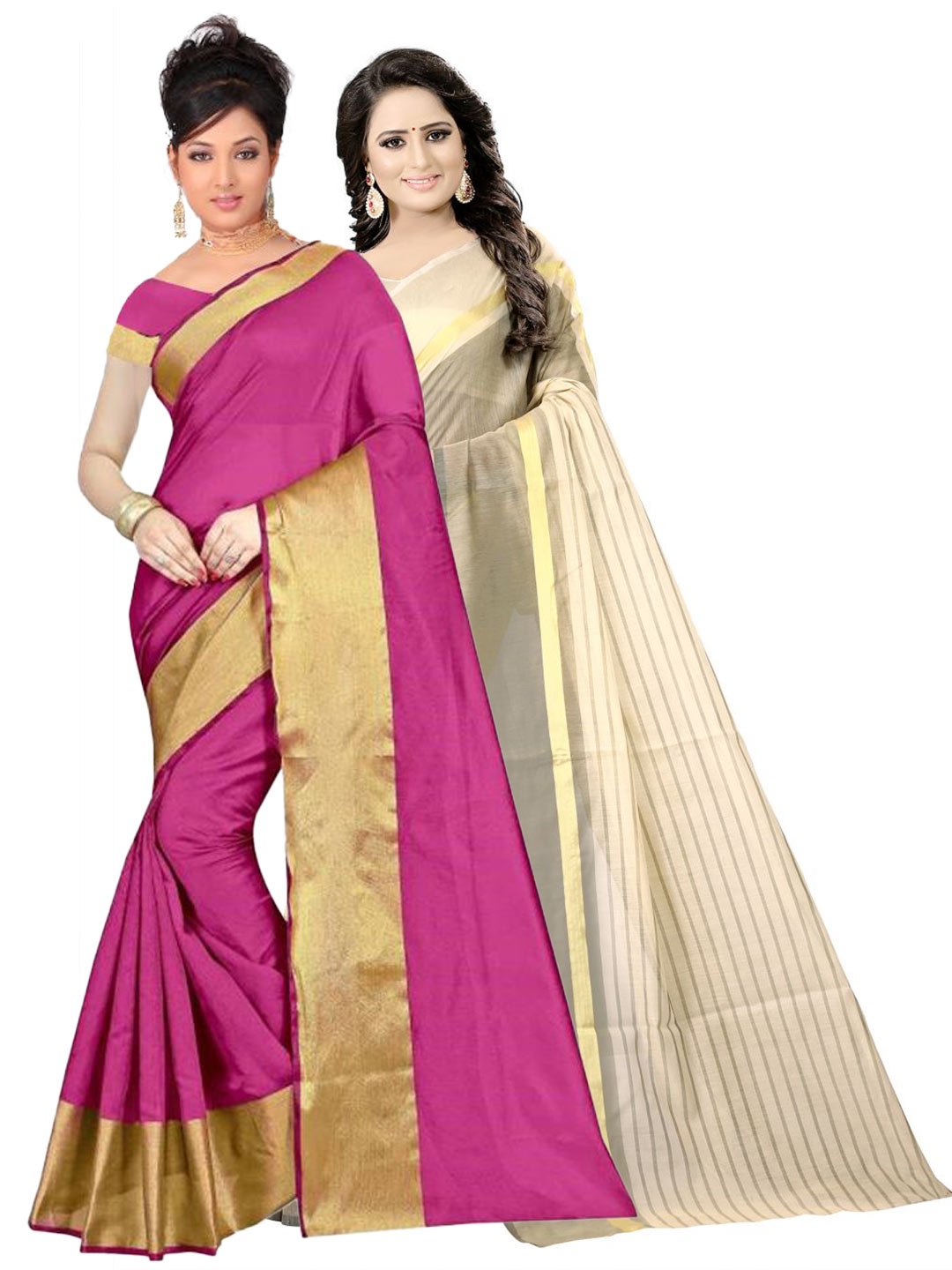 

SAADHVI Pink & Cream-Coloured Striped Silk Cotton Saree
