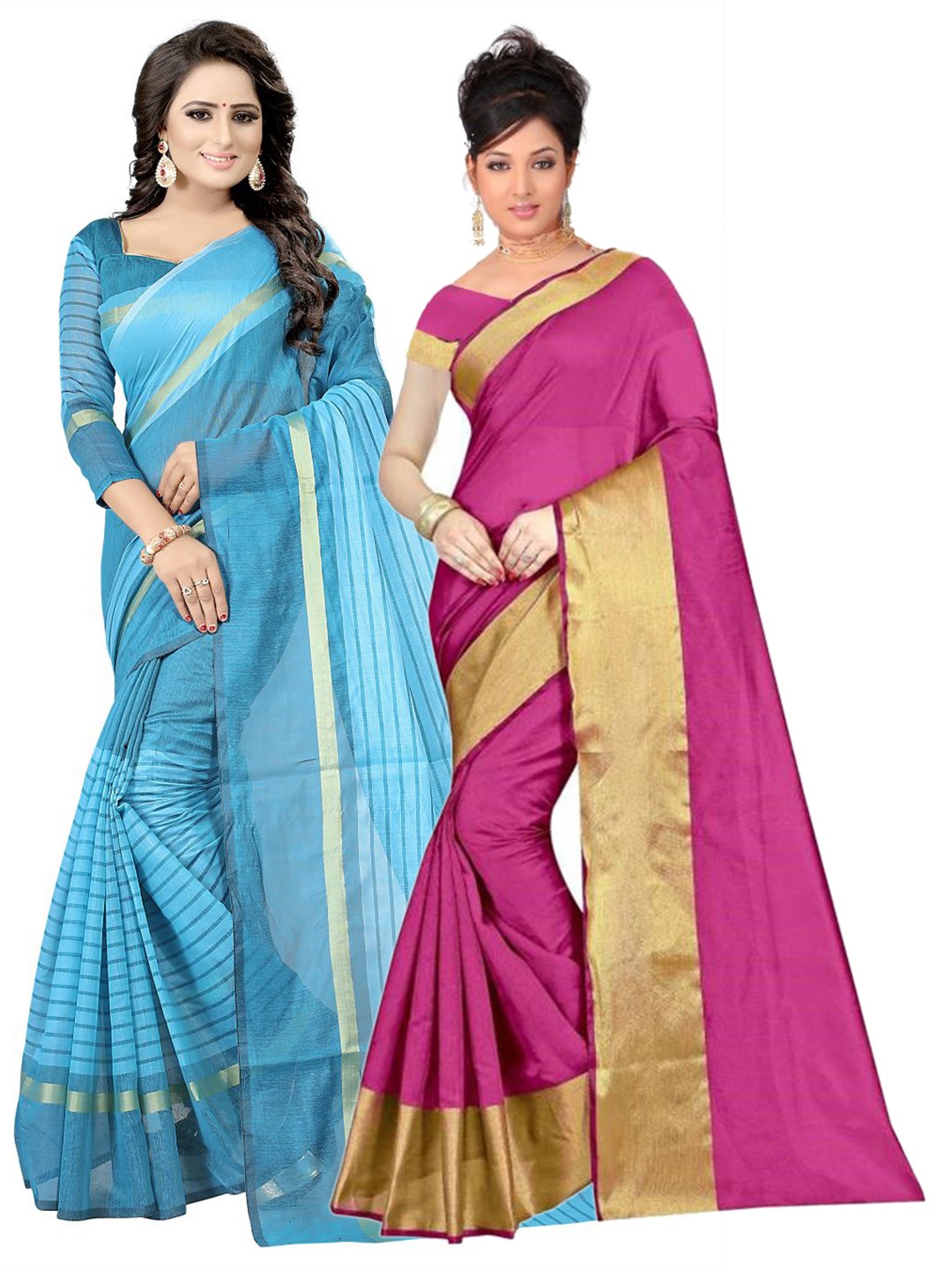 

SAADHVI Pink & Turquoise Blue Set of 2 Striped Silk Cotton Saree