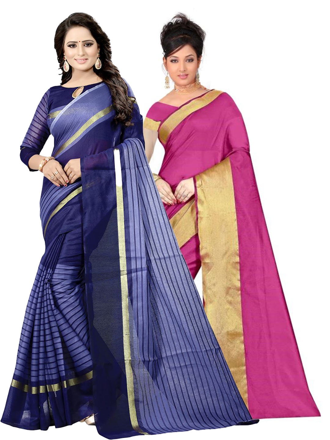 

SAADHVI Pink & Blue Striped Silk Cotton Saree