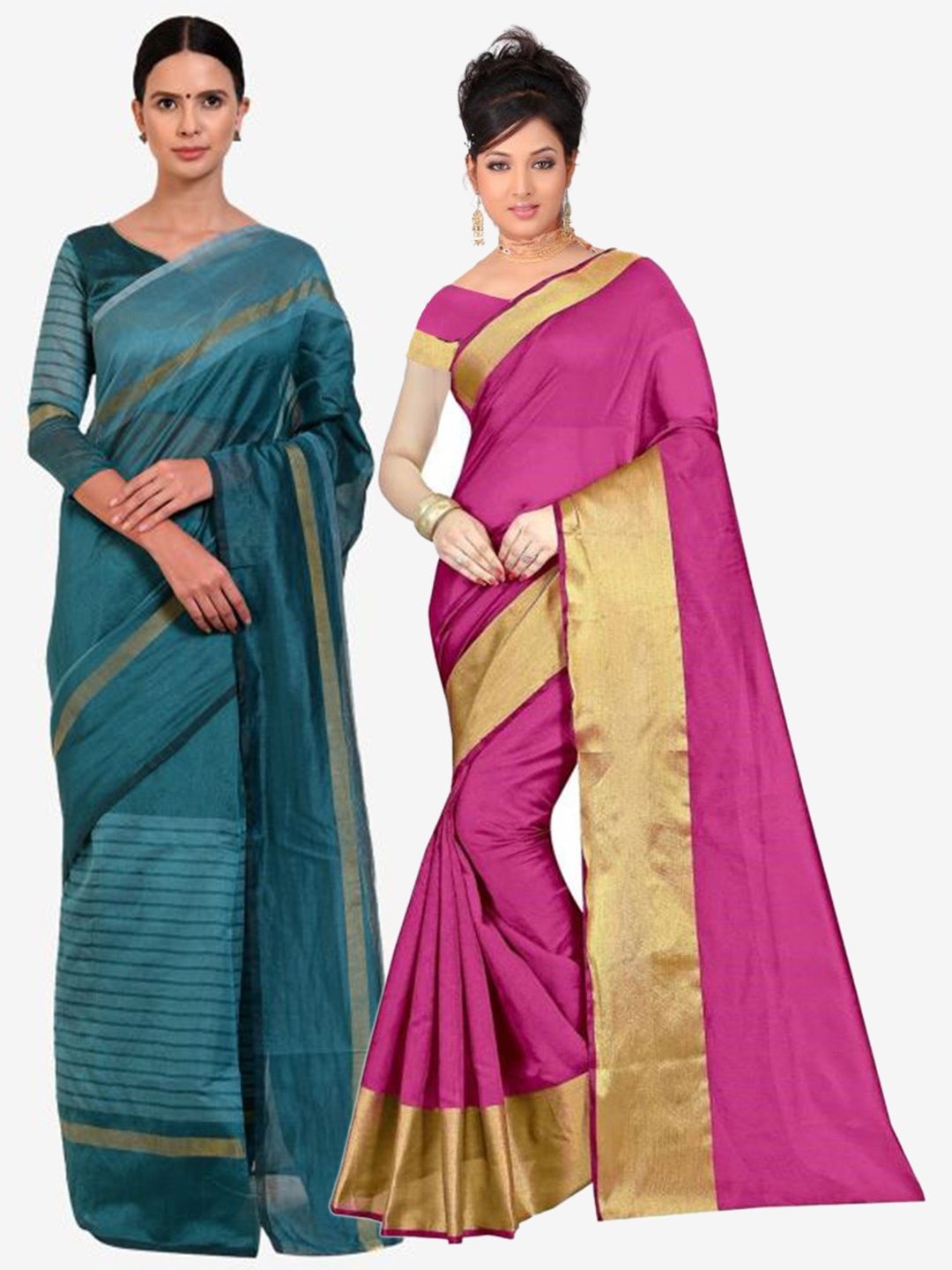 

SAADHVI Pack of 2 Pink & Gold-Toned Solid Zari Saree