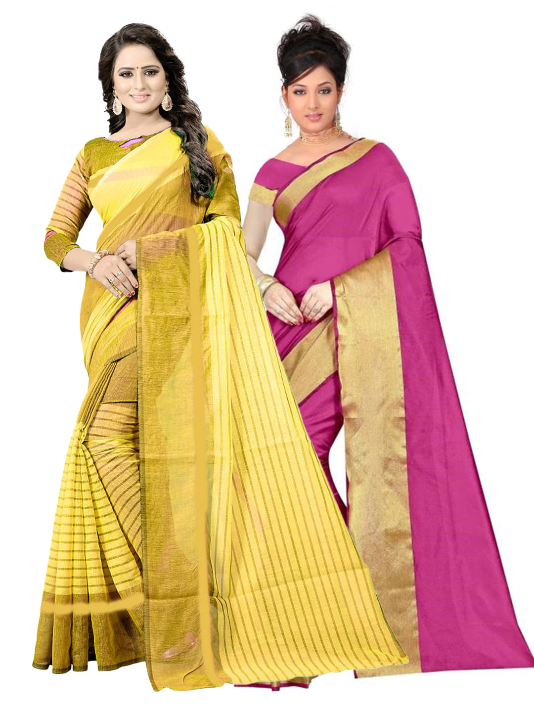 

SAADHVI Pack of 2 Pink & Yellow Striped Zari Silk Cotton Saree