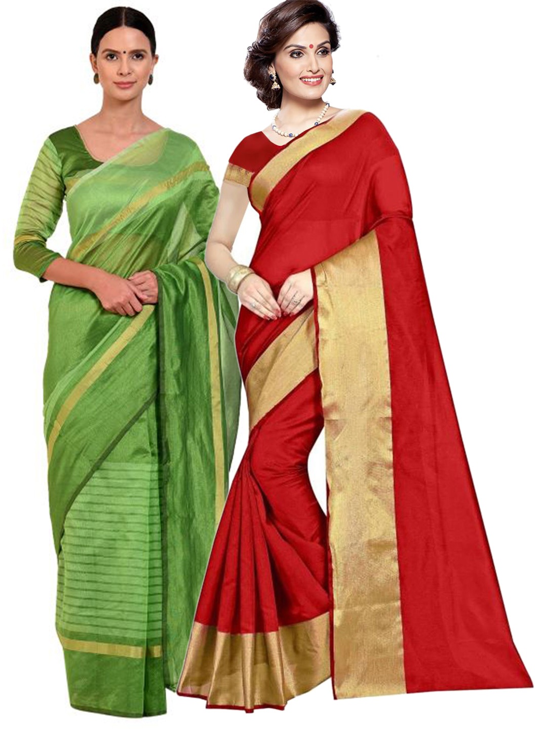 

SAADHVI Red & Green Striped Zari Silk Cotton Saree