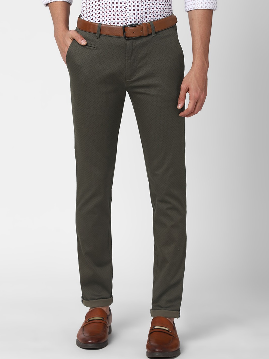 

V Dot Men Grey Textured Slim Fit Chinos Trousers