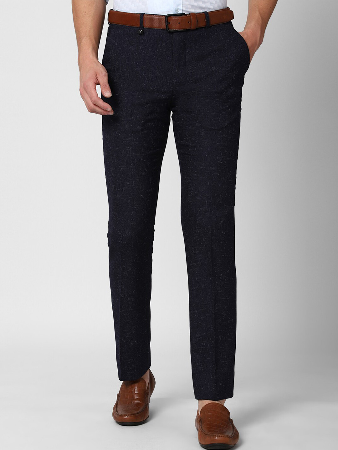 

V Dot Men Navy Blue Textured Skinny Fit Formal Trousers