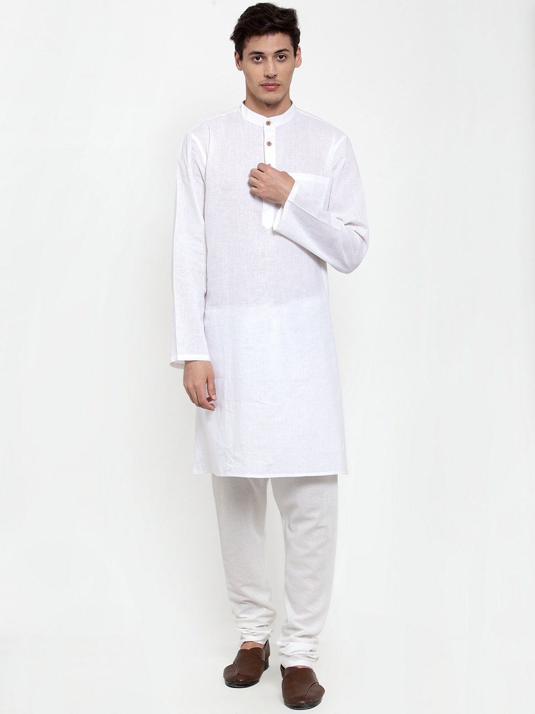 

NEUDIS Men White Cotton Solid Long Kurta Pyjama Set For Men